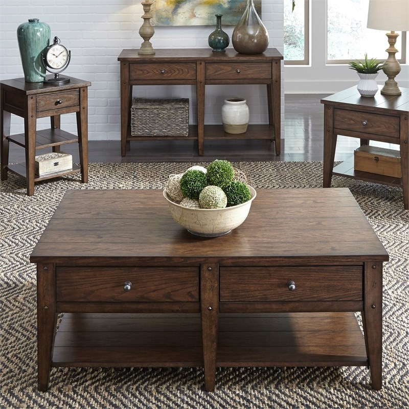 3 Piece Coffee Table and Set of 2 End Table in Oak