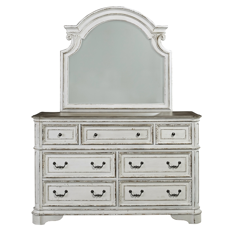 2 Piece Vinage Distressed Armoire and Dresser Mirror Set in White