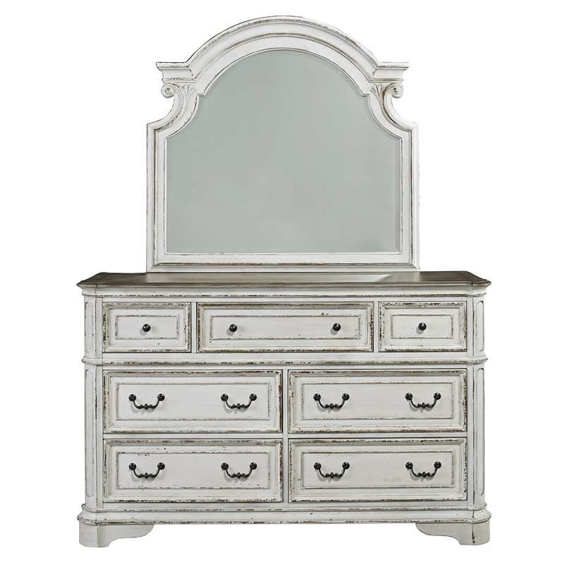 2 Piece Bedroom Set with King Bed and Mirror Dresser in Antique White