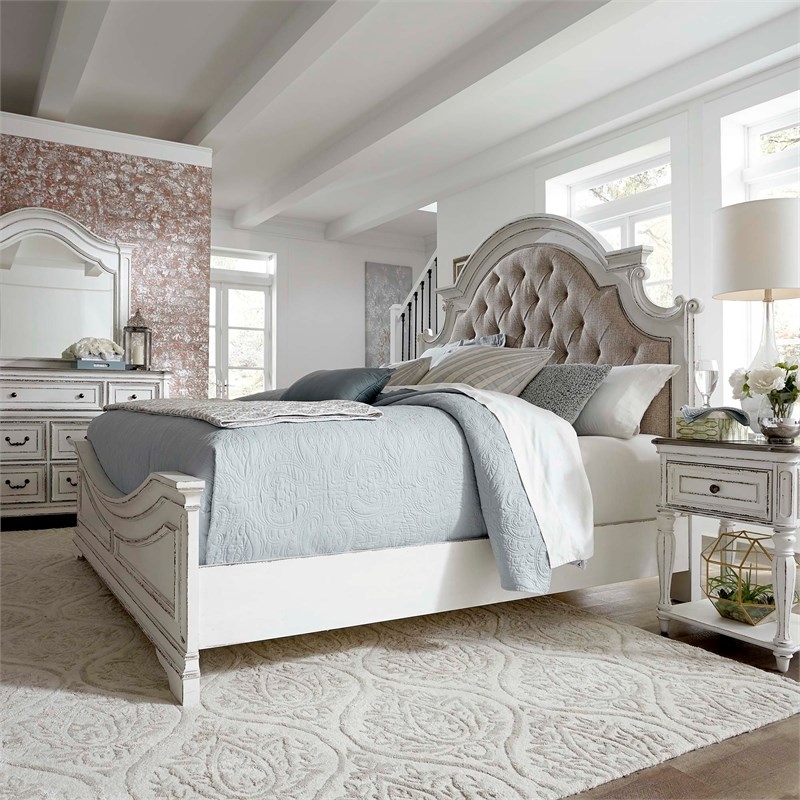 2 Piece Bedroom Set with King Bed and Mirror Dresser in Antique White