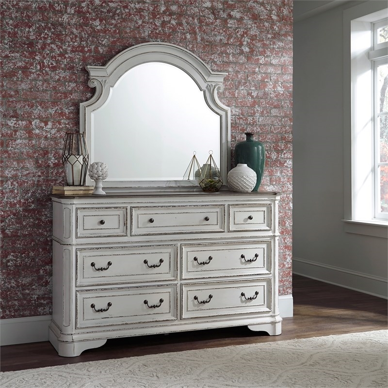 2 Piece Bedroom Set with King Bed and Mirror Dresser in Antique White