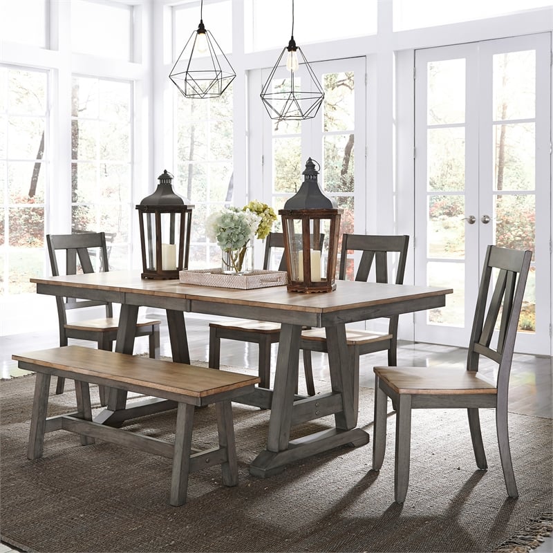 Lindsey Farm Light Gray 6 Piece Trestle Table Set
