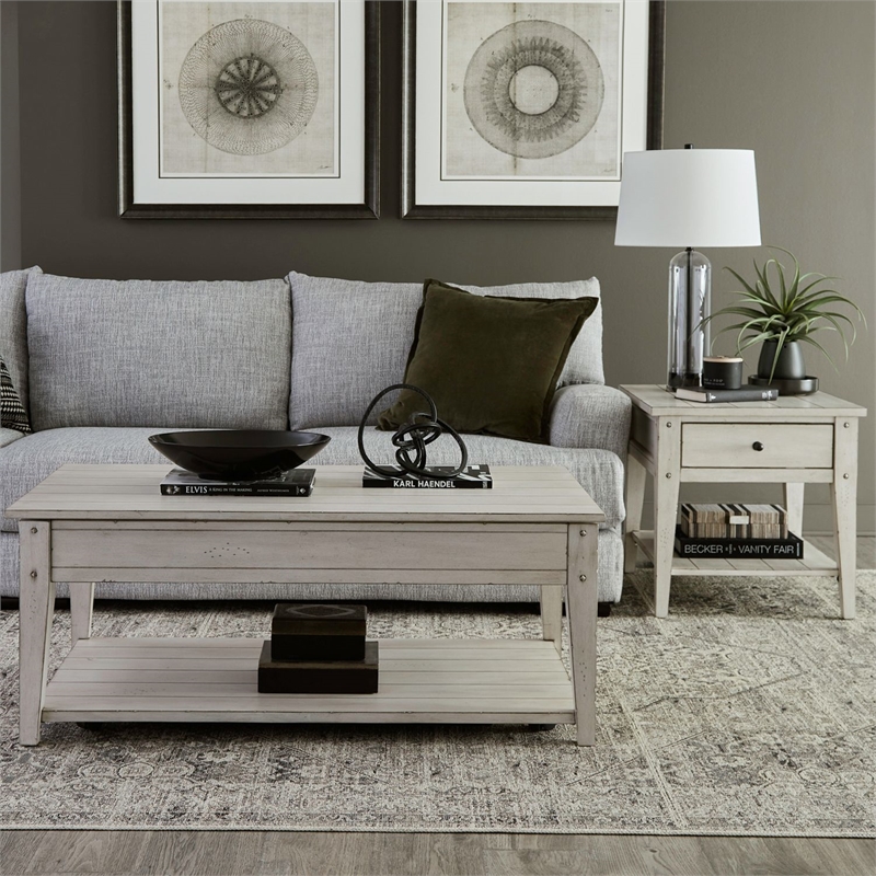 Liberty Furniture Lake House Opt 3 Piece Living Room Set Coffee Table & 2 End Tables Weathered White Oak Wood