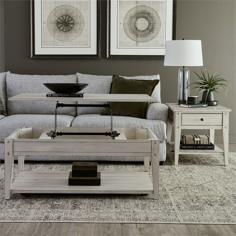 Liberty Furniture Lake House Opt 3 Piece Living Room Set Coffee Table & 2 End Tables Weathered White Oak Wood