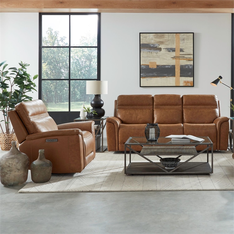 Liberty Furniture Cooper Sofa & Recliner Power Reclining Set Camel Brown Leather