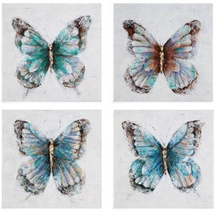 Bassett Mirror Metallic Butterflies Canvas Fabric Wall Art in Blue (Set of 4)