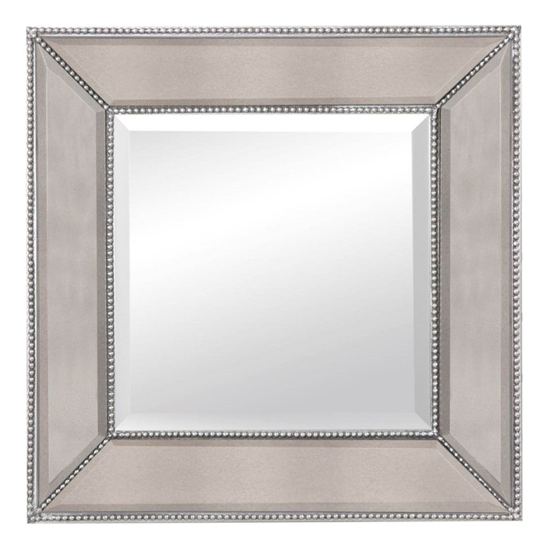 Silver Leaf Beaded Wood Wall Mirror Square Traditional