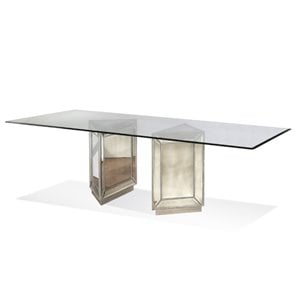 Murano Wood Double Pedestal Dining Table in Silver Leaf with Glass Top