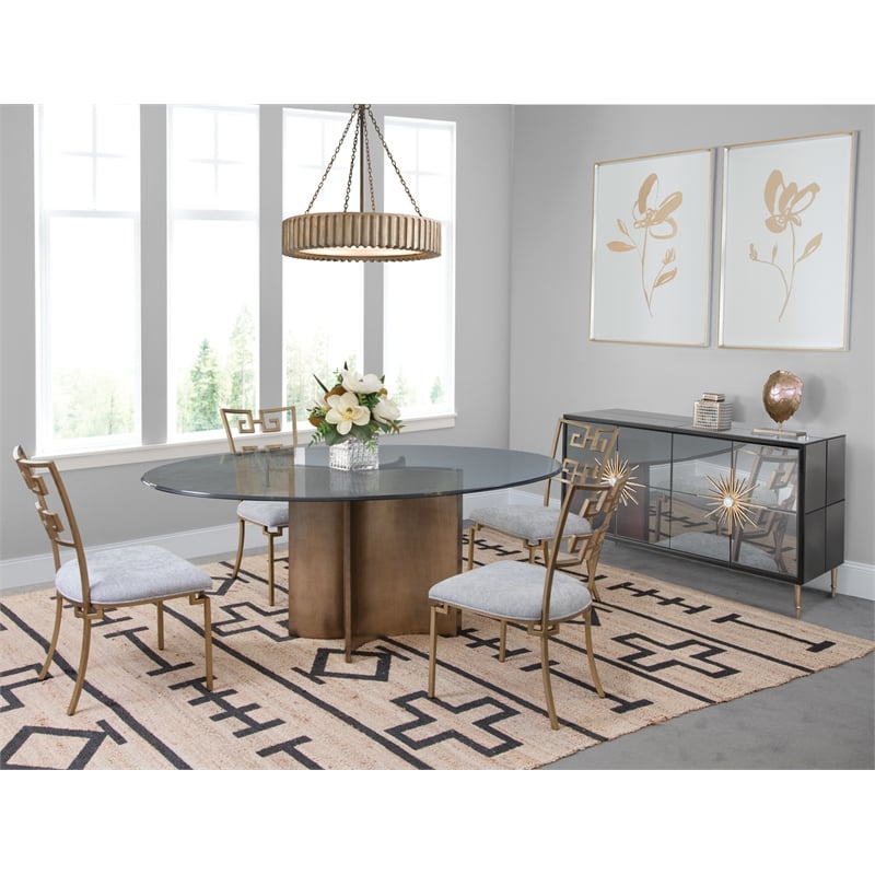 Symmetry Oval Glass Top Dining Table with Wood Base in Bronze