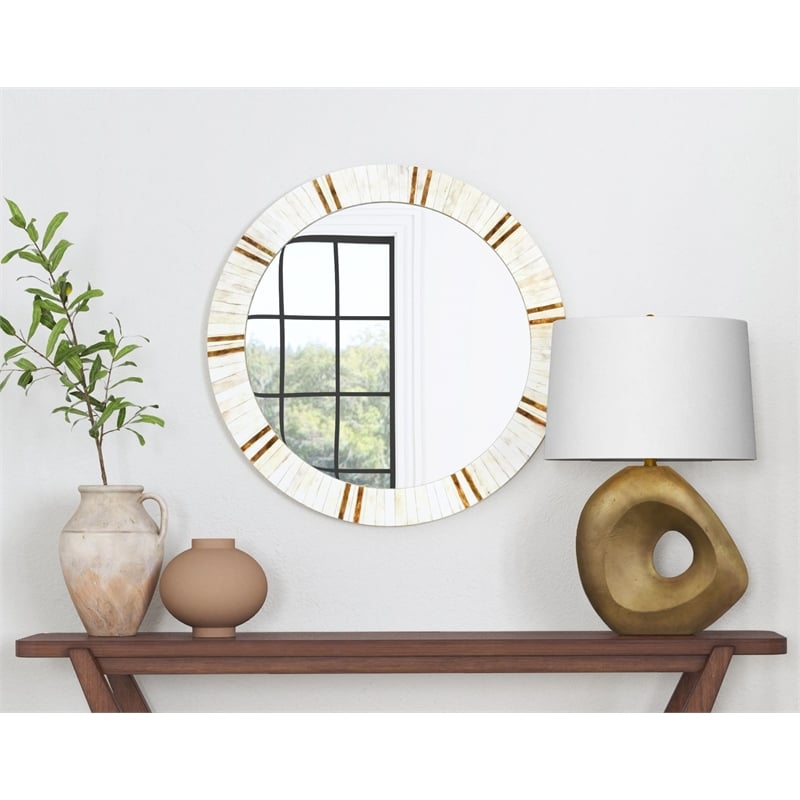 Bassett Mirror Clever Modern Bone & Resin Wall Mirror in Cream and Brass