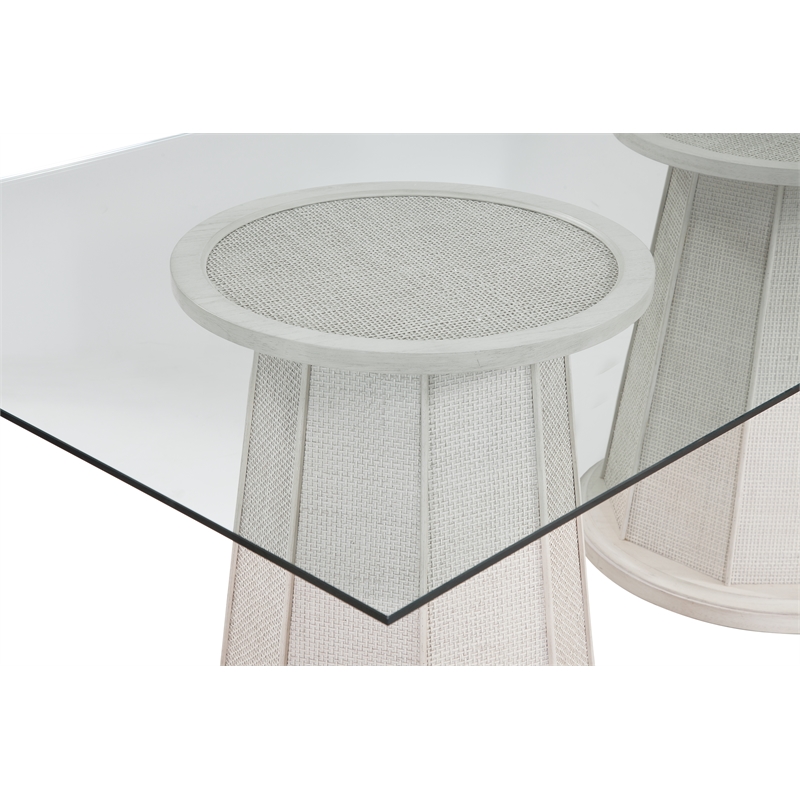 Korey Dining Table in Cream Wood with Cane Detailing and Glass Top