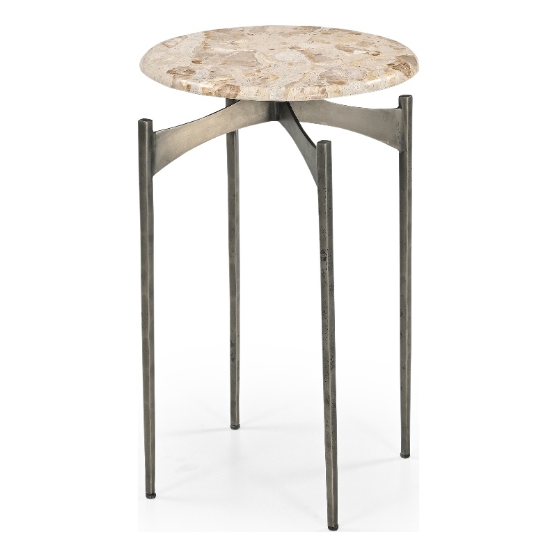 Beige Marble Thea Accent Table Antique Nickel