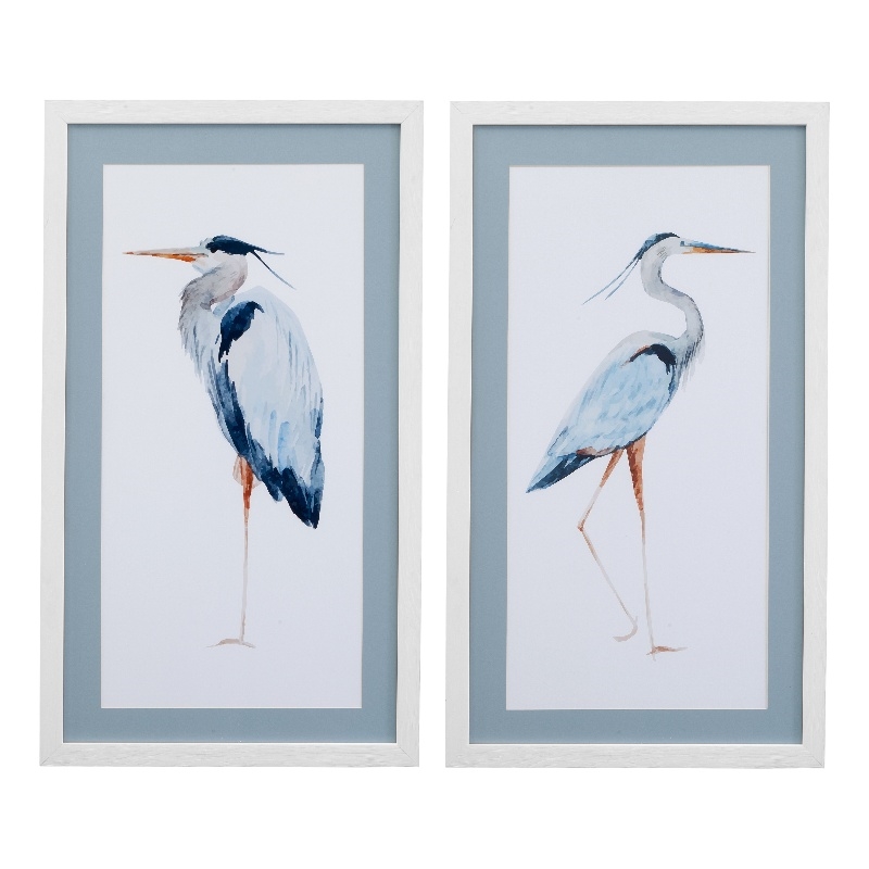 Heron Wood Framed Print - Set of 2 - White/Blue/Clear