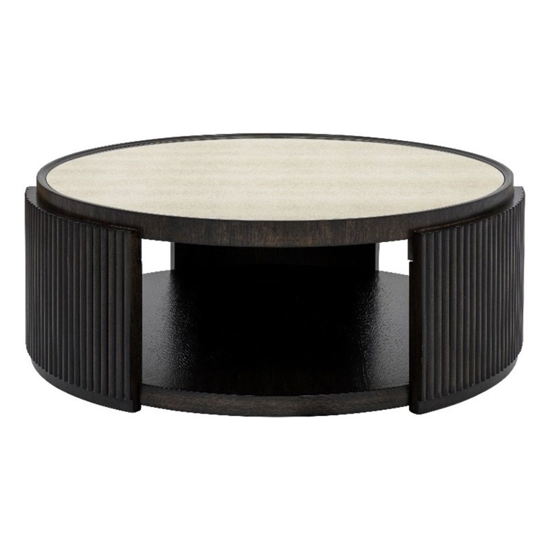 Rivera Charcoal Oak Round  Wood Coffee Table with Mirror Top