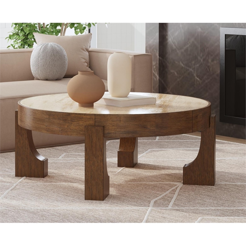 Canyon Espresso Brown Wood Travertine Coffee Table Rustic Modern