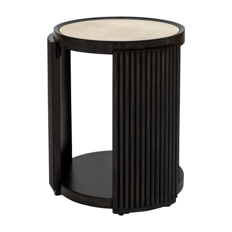 Rivera Charcoal Oak Round Wood End Table with Mirror Top