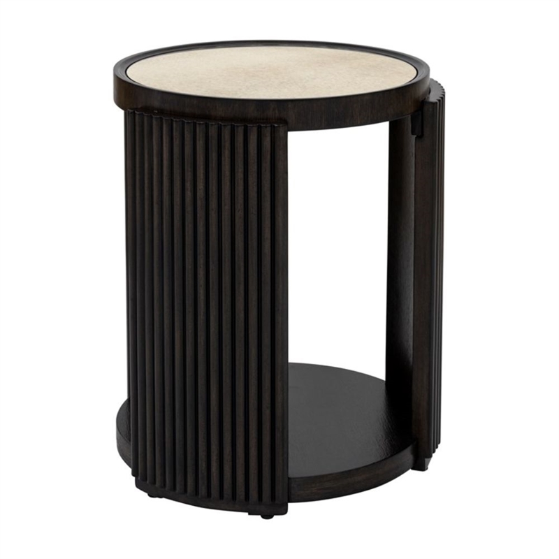 Rivera Charcoal Oak Round Wood End Table with Mirror Top