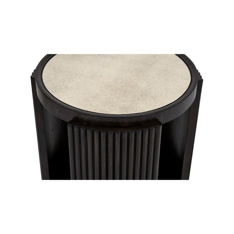 Rivera Charcoal Oak Round Wood End Table with Mirror Top