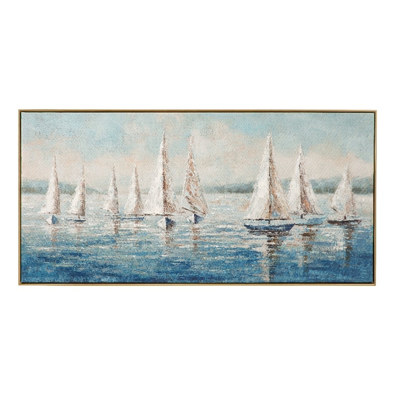 Blue White Canvas Wood Sailing Day Framed Art
