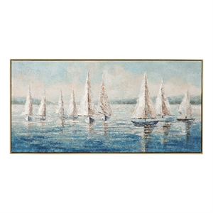 Blue White Canvas Wood Sailing Day Framed Art
