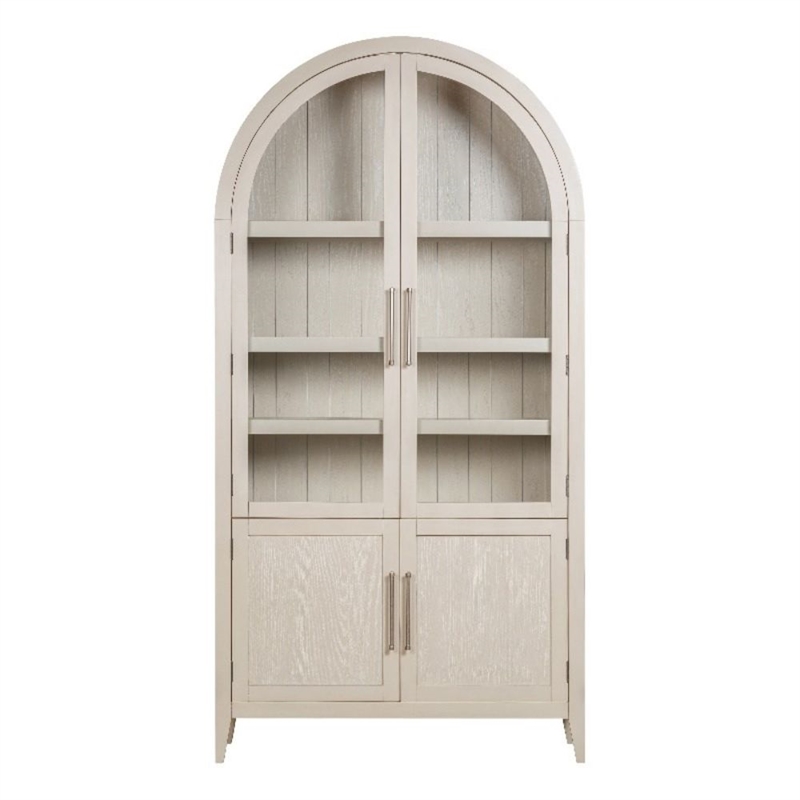 Cerused Light Cream Wood Oak Display Cabinet Antique Nickel