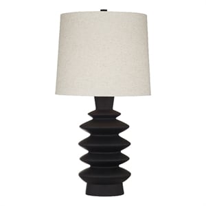 Black Sculptural Resin Stacked Table Lamp Linen Shade Modern