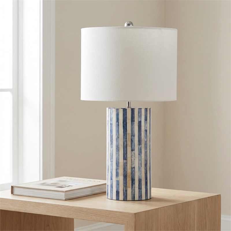 Coburn Bone Pattern Table Lamp with White Linen Shade in Blue and White