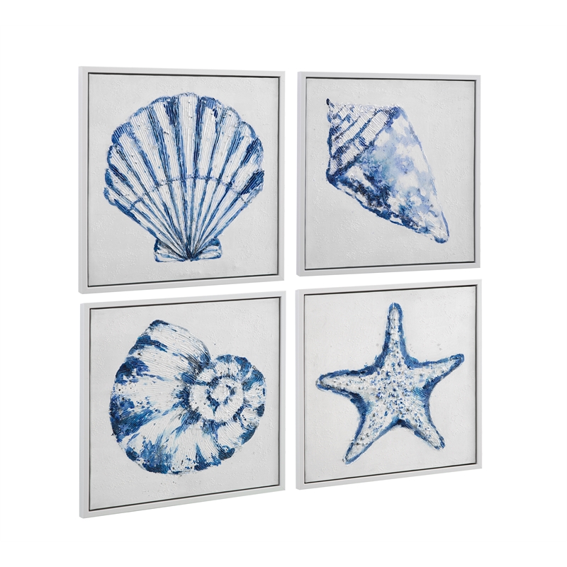 Bassett Mirror Shells Blue Framed Canvas Wall Art Set of 4 for Decor