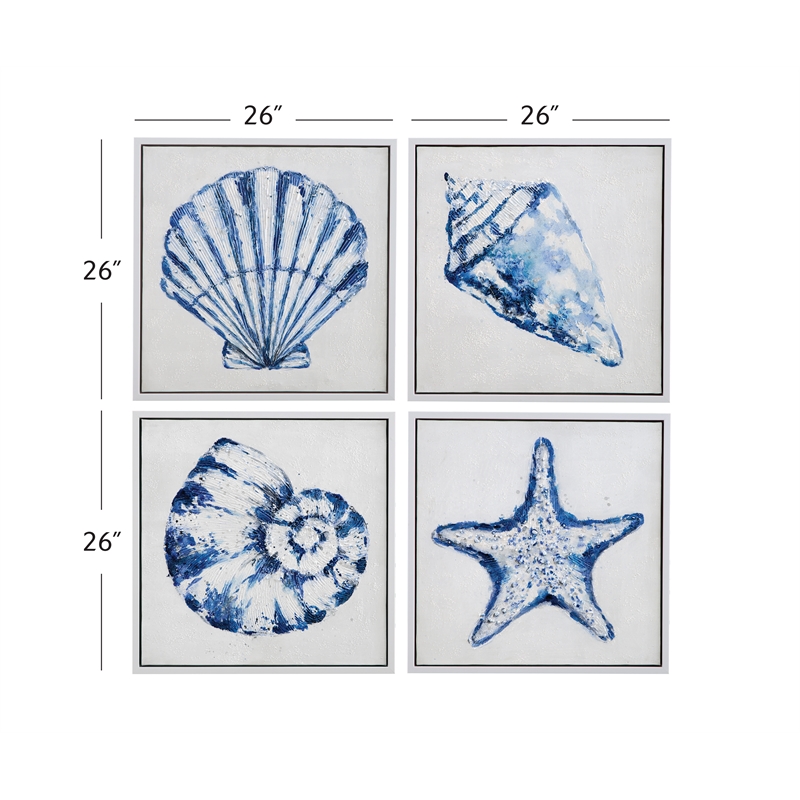 Bassett Mirror Shells Blue Framed Canvas Wall Art Set of 4 for Decor