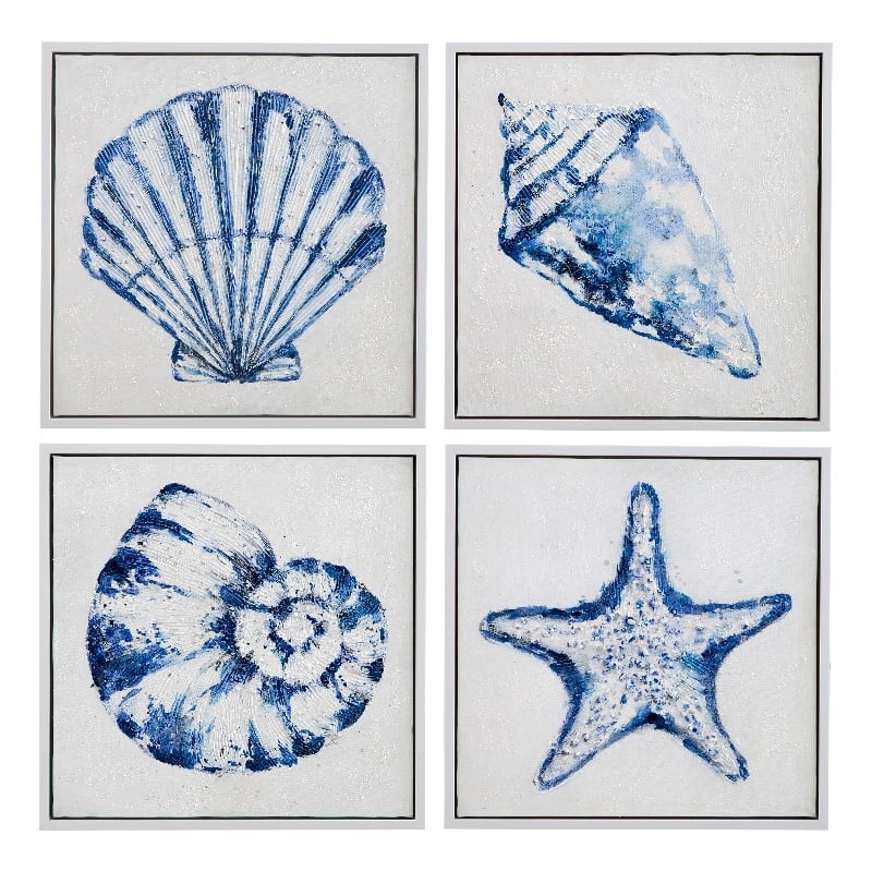 Bassett Mirror Shells Blue Framed Canvas Wall Art Set of 4 for Decor