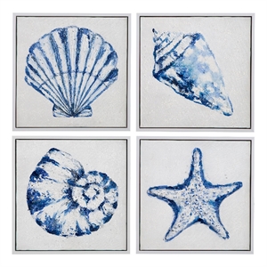Bassett Mirror Shells Blue Framed Canvas Wall Art Set of 4 for Decor