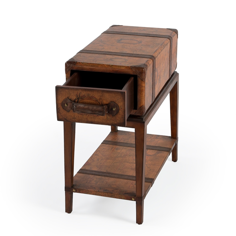 Old World Map Chairside Table In Brown