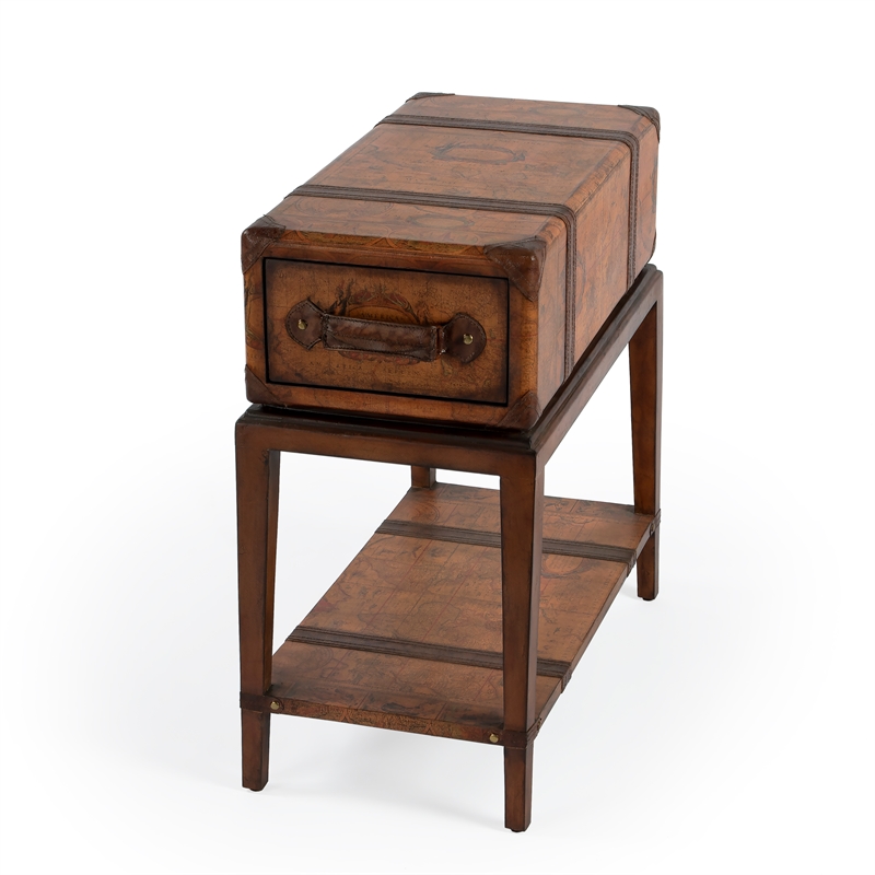 Old World Map Chairside Table In Brown
