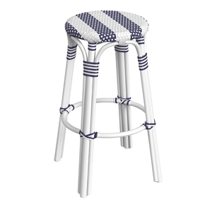 Butler Specialty Company Tobias Round Rattan 30&quot Bar Stool - White & Navy Stripe