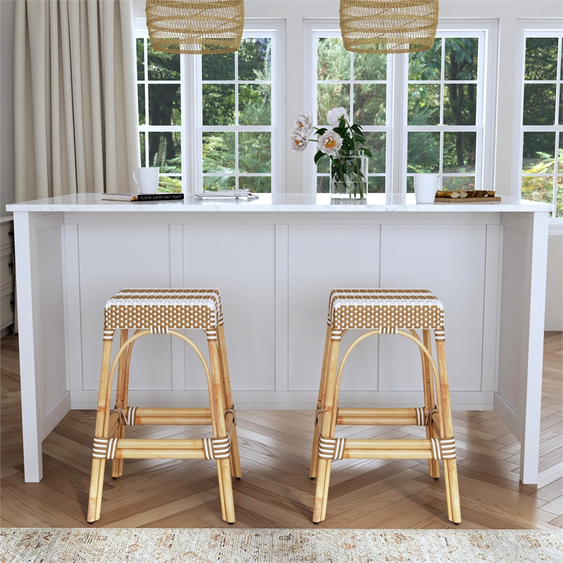 Butler Specialty Rattan Bar Stool Chair in Beige With Square Seat & Footrest