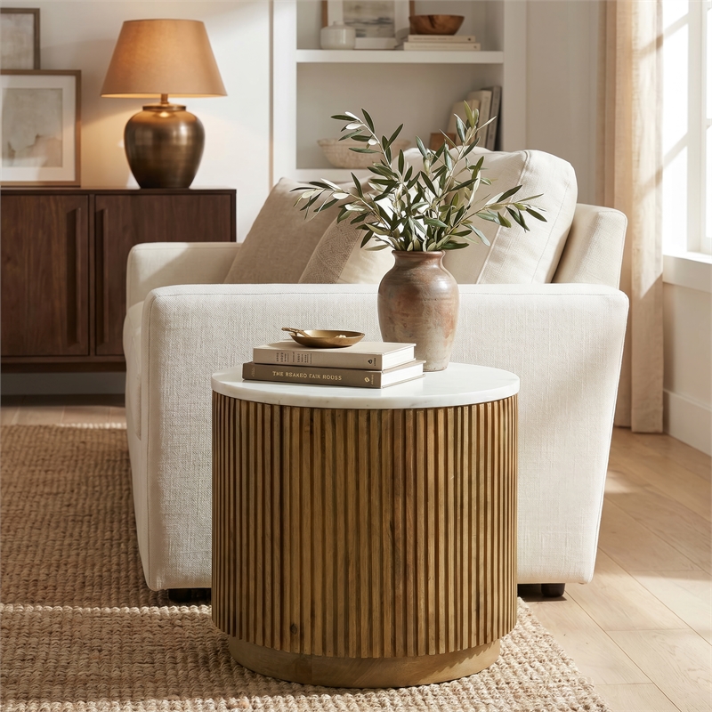 Butler Specialty Company Raquel 15 in. W Round Marble and Wood Fluted End Table - Brown