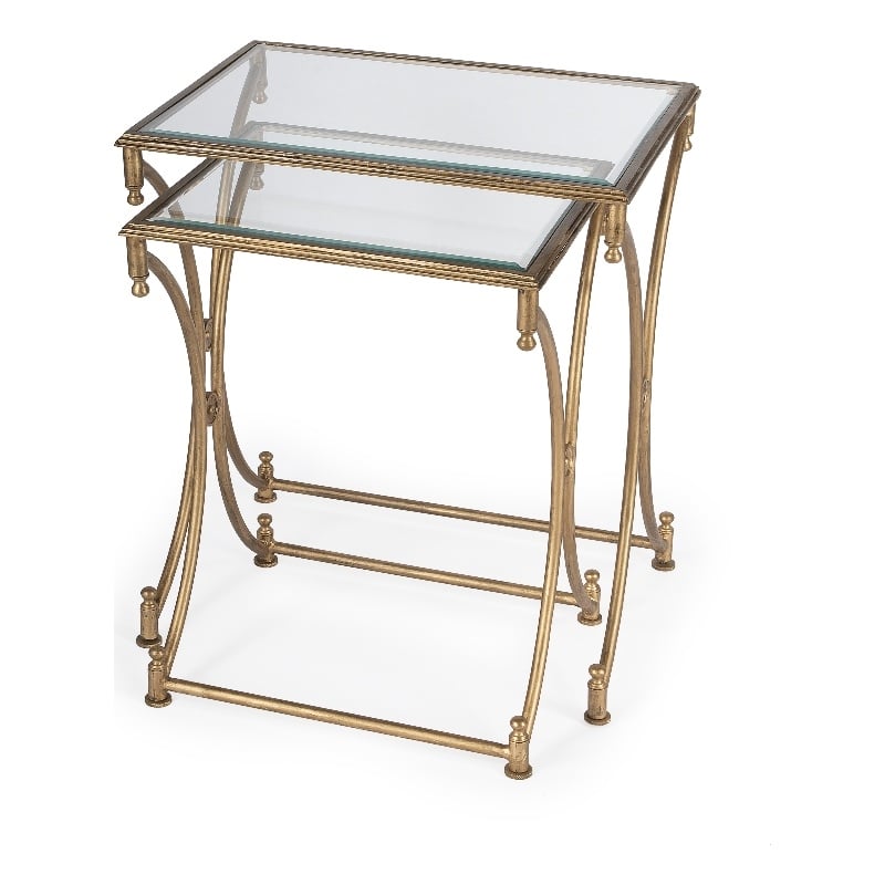 Butler Specialty 2 Piece Glass Top Nesting Table Set In Antique Gold
