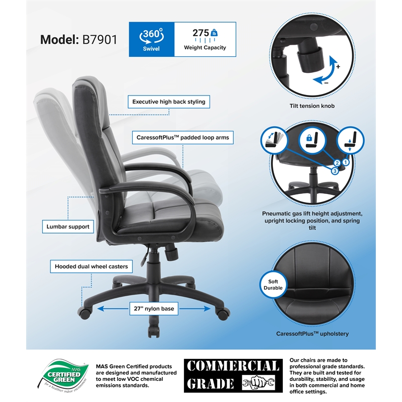 Boss Office Products Caressoftplus Vinyl Executive High Back Chair in Black