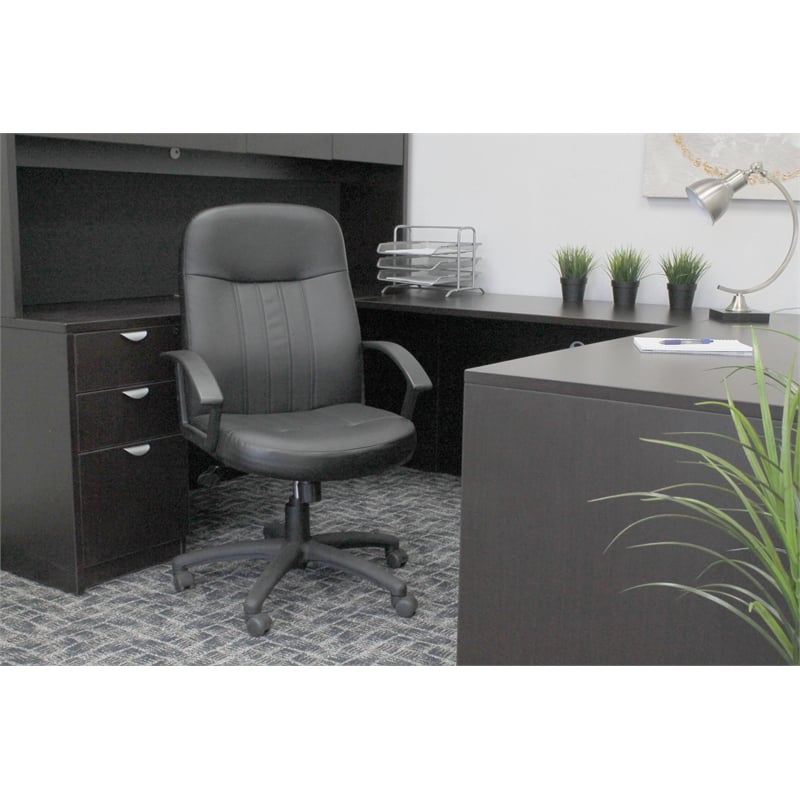 Boss Office Products Leather Contemporary Executive Office Chair in Black