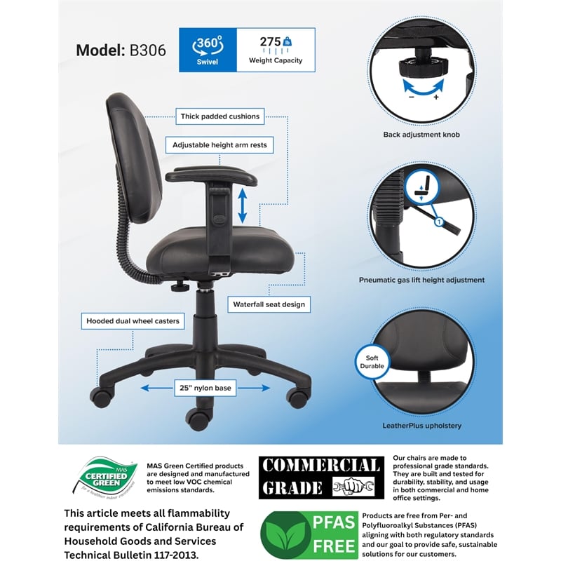 Boss Office Products Leather Deluxe Posture Chair with Adjustable Arms in Black