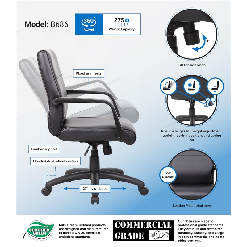 Boss Office Products Mid Back Executive Office Chair in Leather Plus in Black
