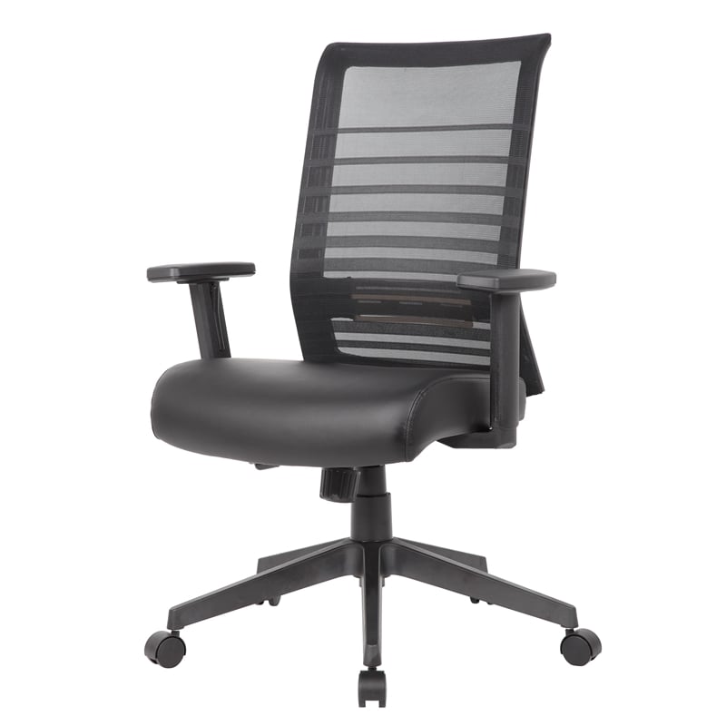 Boss Office Products Mesh Back Vinyl Task Chair with Adjustable Arm in Black