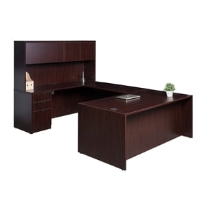 Boss Office U-Shape Desk Credenza with Pedestal and Hutch in Mahogany