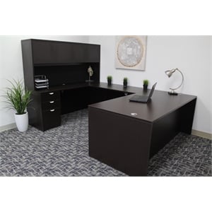 Boss Office U-Shape Desk Credenza with Pedestal and Hutch in Mocha
