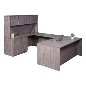 Boss Office Products 71&quot U-Shape Desk with Lateral File and Hutch in Driftwood