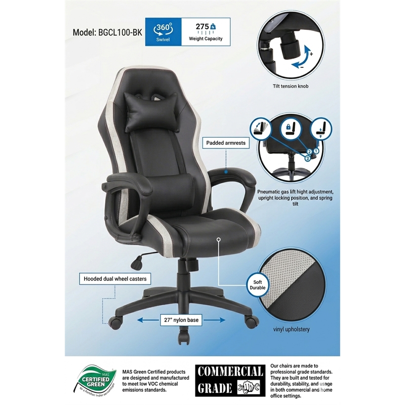 Boss Office Products LED High Back Vinyl Gaming Chair in Black
