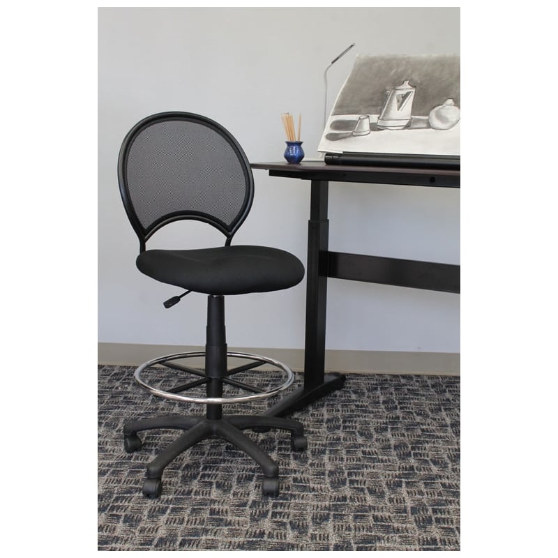 Boss Office Products Mesh Back Fabric Drafting Chair with Foot Ring in Black