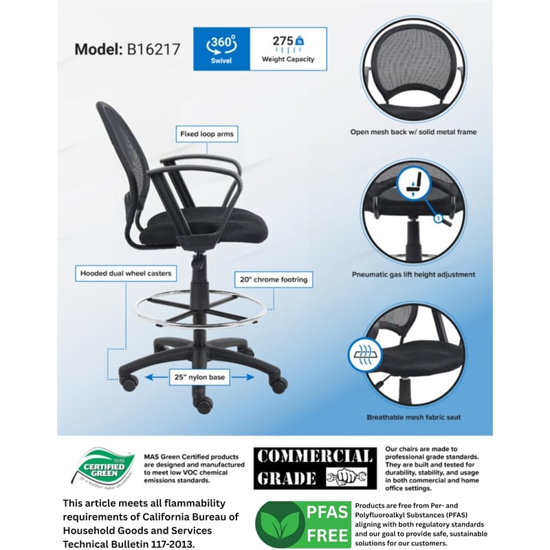 Boss Office Products Mesh Back Fabric Drafting Chair with Loop Arms in Black