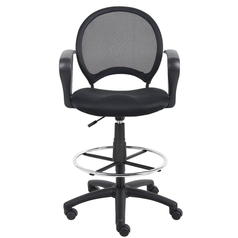 Boss Office Products Mesh Back Fabric Drafting Chair with Loop Arms in Black