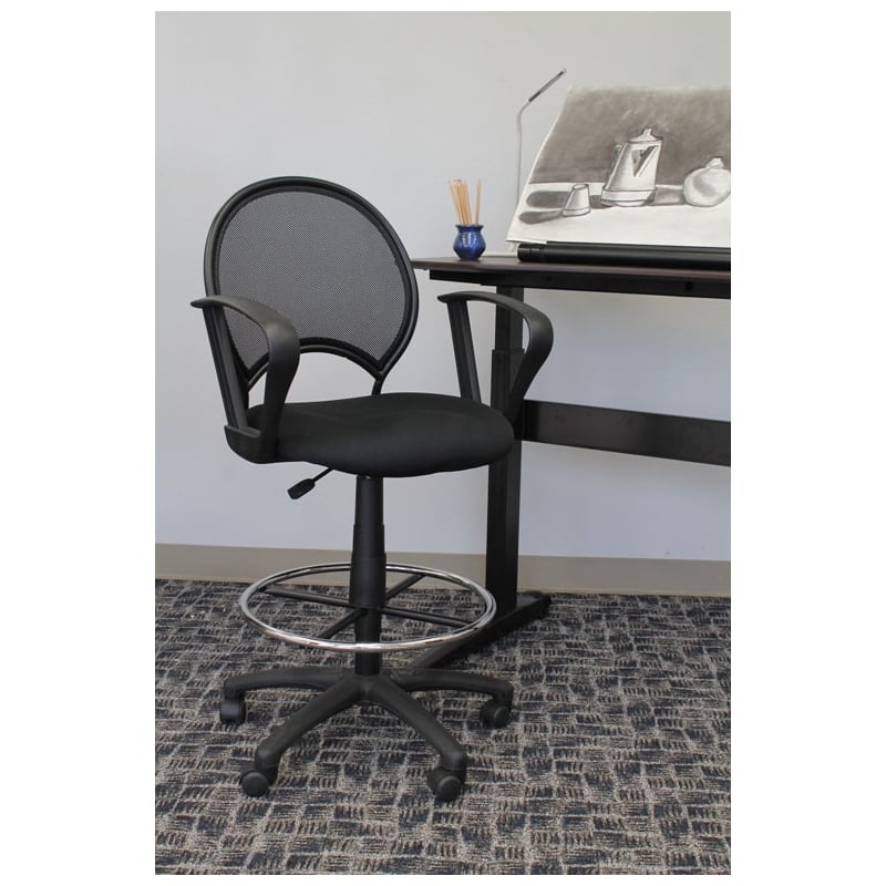 Boss Office Products Mesh Back Fabric Drafting Chair with Loop Arms in Black